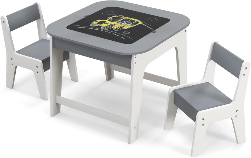 Set Tavolo e 2 Sedie per Bambini, con Lavagna Reversibile, Tavolo Multiattività con Vano Portaoggetti Nascosto e Sedie, per Bambini da 3-6 Anni, per Cameretta e Soggiorno (Grigio)