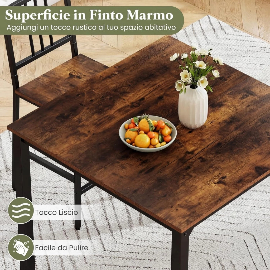 Set da Pranzo per 4 Persone, Set Cucina Bar 5 Pezzi con Superficie in Finto Marmo, Tavolo Quadrato in Legno e 4 Sgabelli Alti per Angolo Colazione e Sala da Pranzo (Caffè)