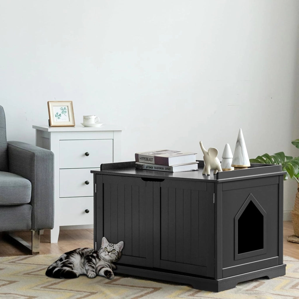Casetta per Gatti, Lettera per Animali, Recinto con Foro, Cassa con Struttura in Legno Resistente (Nero)