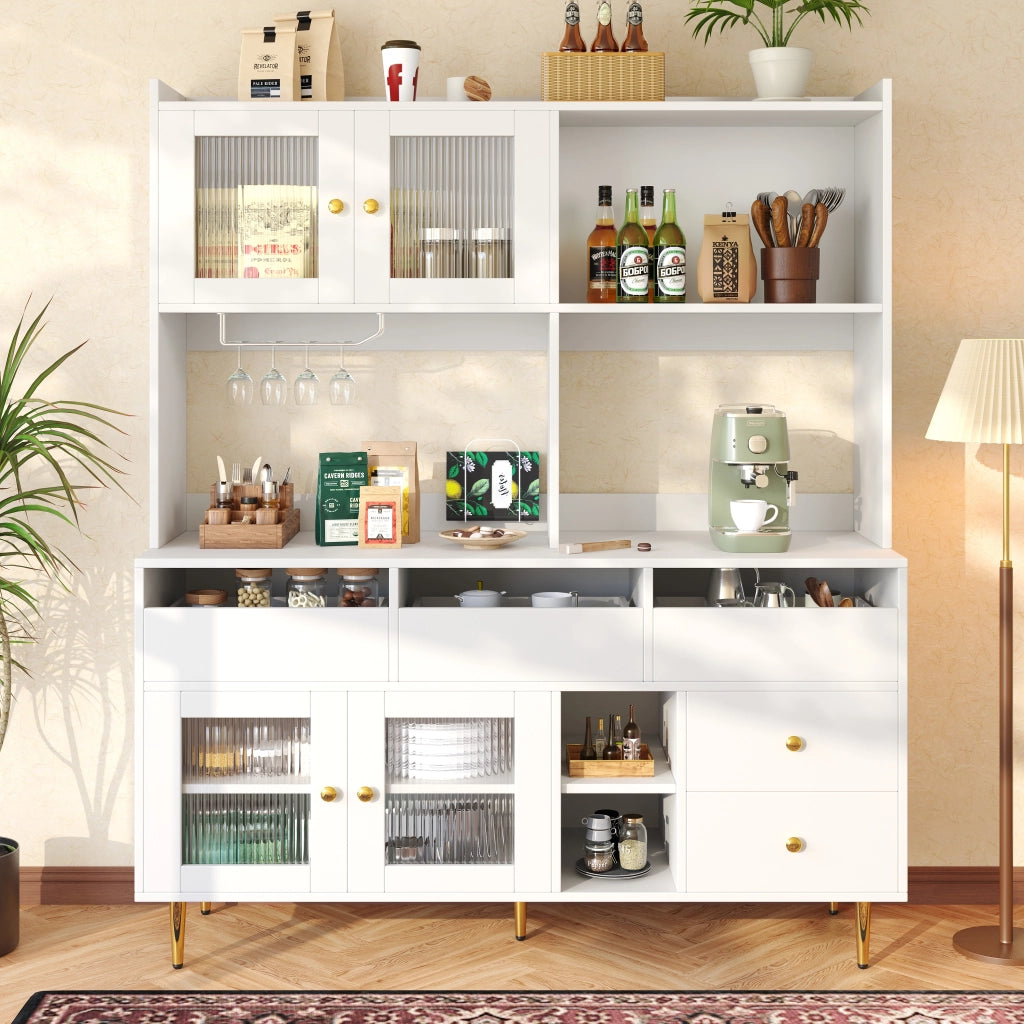 MADIA 145x39x171 cm Bianca in MDF con ante in vetro e portabottiglie