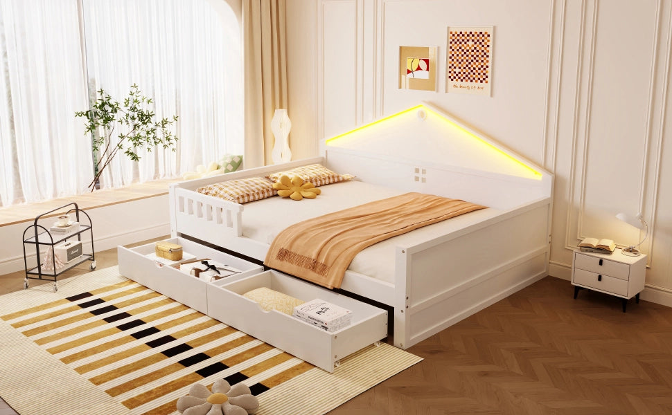 DESMIU Letto divano 2 posti con 2 cassetti e LED regolabile 140 × 200 cm, senza materasso, in legno massello e MDF, bianco