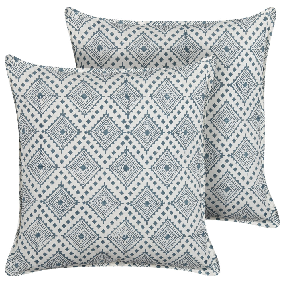 Set di 2 cuscini cotone blu e bianco 45 x 45 cm stampa a mano rivestimenti sfoderabili cerniera motivo orientale