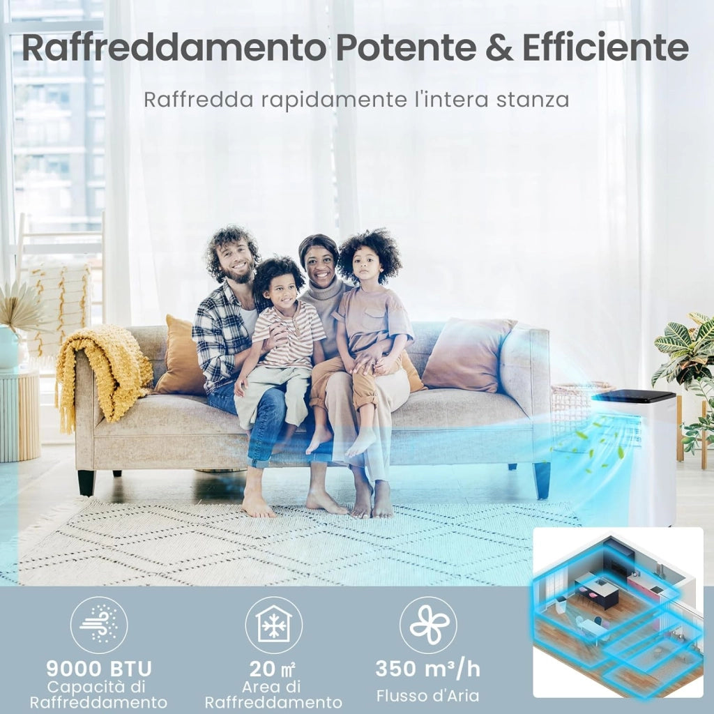 Condizionatore Portatile Caldo e Freddo, 9000BTU/2,6 kW, 5 in 1 con Raffreddamento, Riscaldamento, Ventola, Deumidificazione e Modalità Sonno, 24H Timer, R290