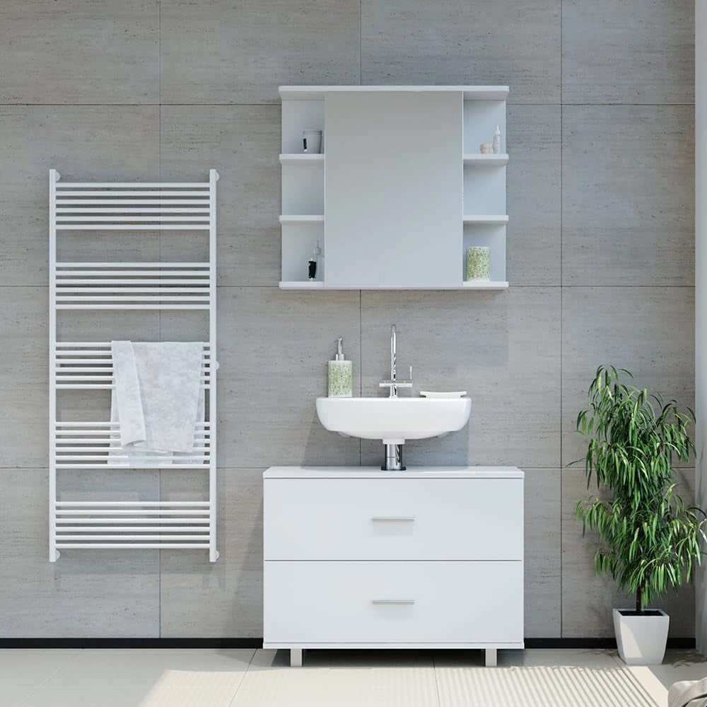 Set mobili bagno Ilias, Bianco, 80.2 cm, composto da specchio da bagno e mobile sottolavabo