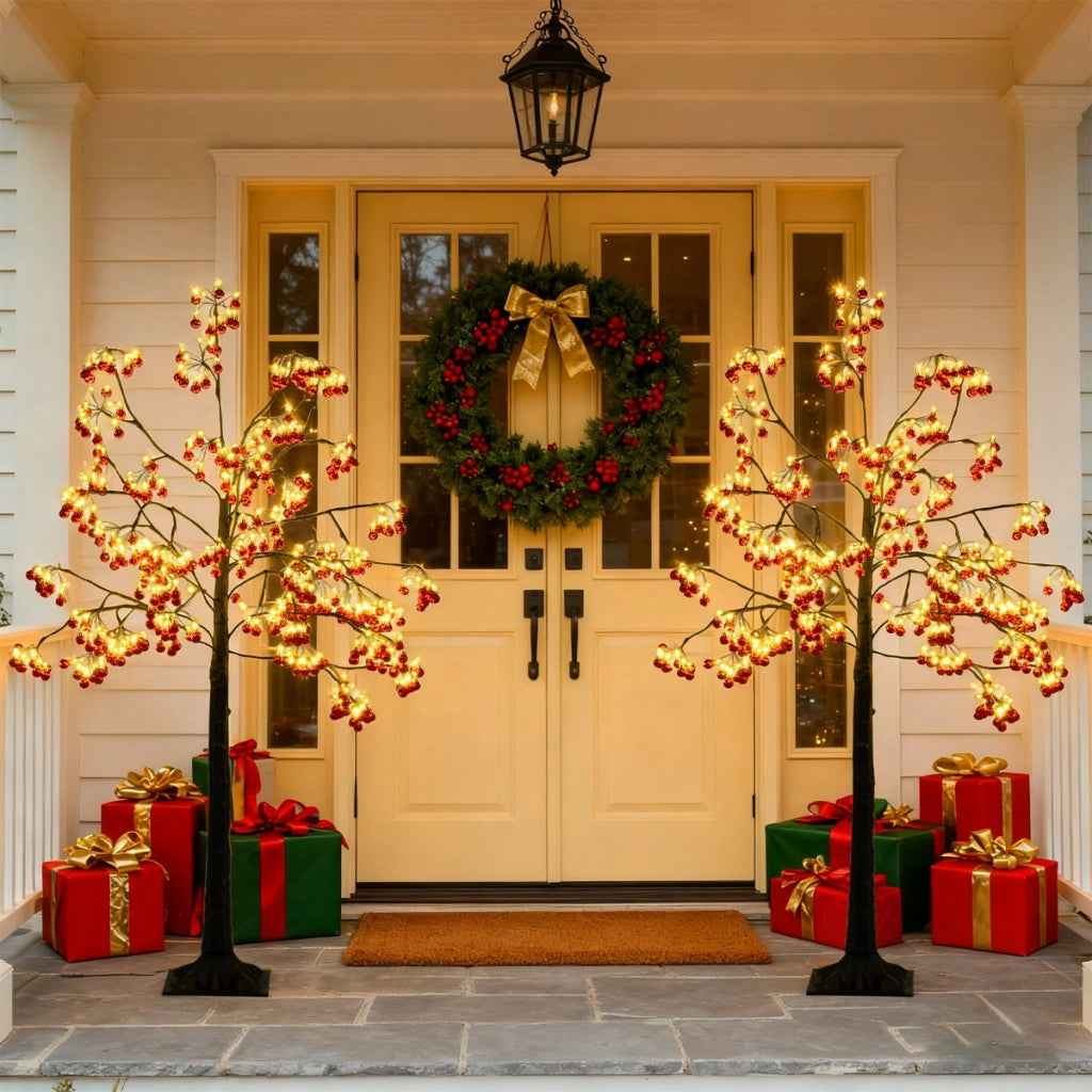 Albero artificiale con rami pieghevoli palline rosse LED e picchetti, Albero di natale decorativo per uso interno ed esterno-Alberi di Natale