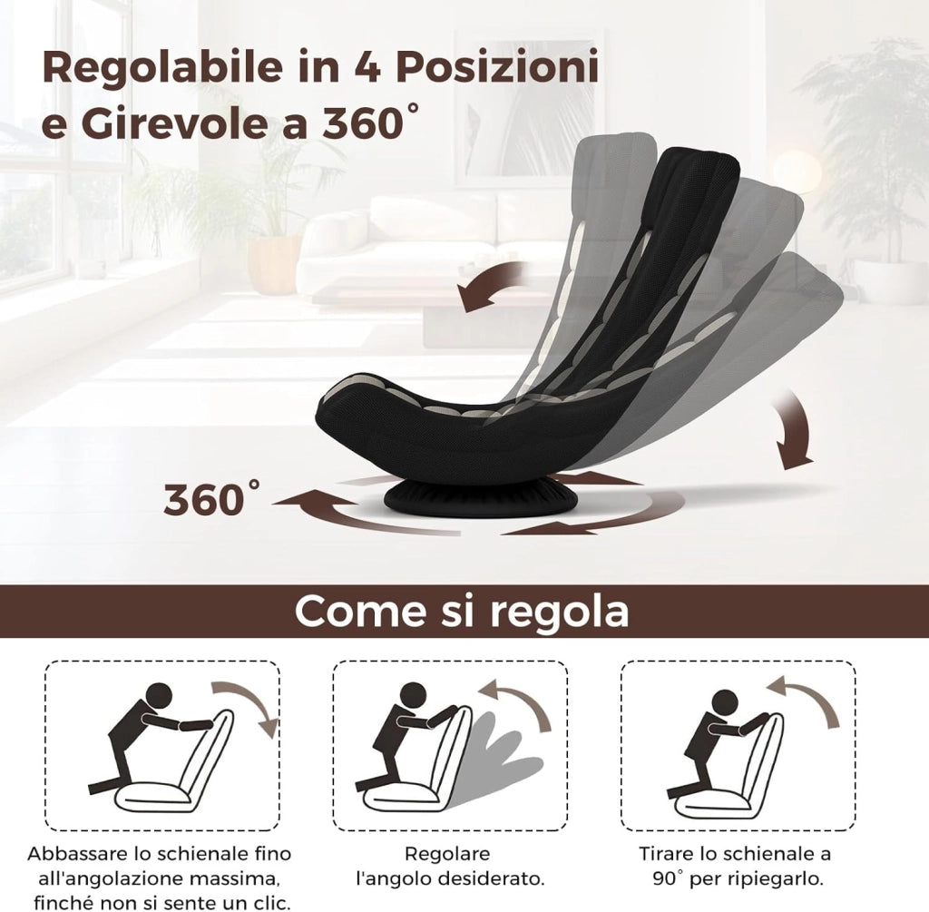 Sedia da Pavimento Pieghevole, Girevole a 360°, Sedie da Terra con 4 Posizioni Regolabili, Sedia per Lettura Gaming, Portata 140 kg (Grigio)