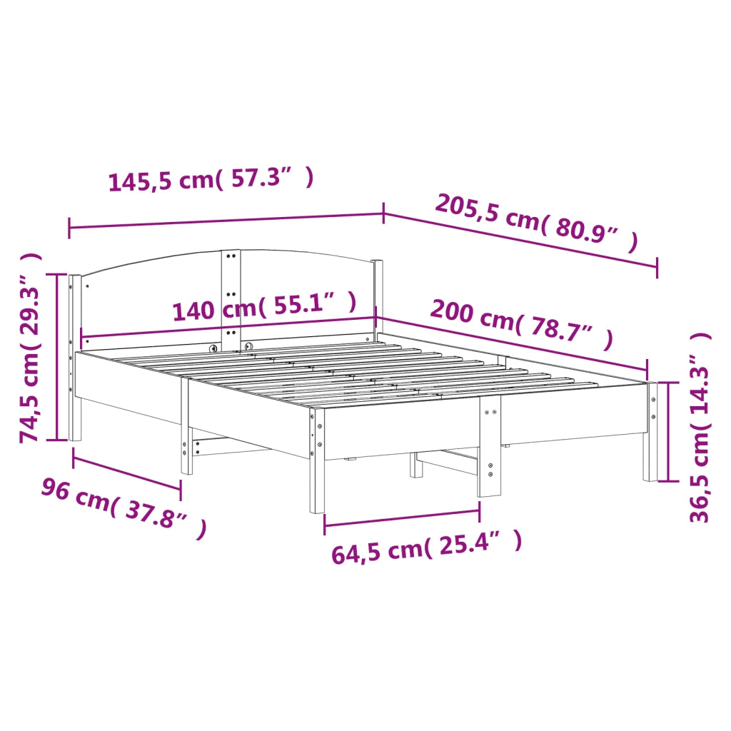 Letto matrimoniale | Letto per adulti | Letto senza Materasso 140x200 cm in Legno Massello di Pino