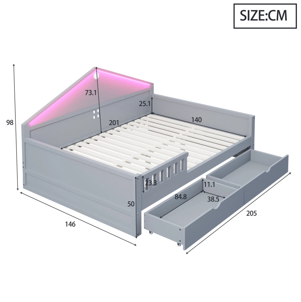 Letto multifunzione 140x200 cm con LED; 2 cassetti; grigio