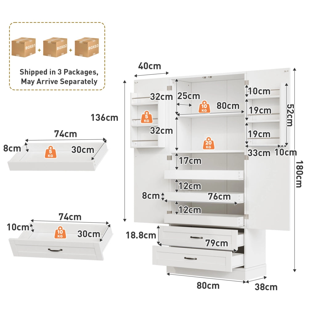 Credenza alta 180x80x37.5 cm con 3 ripiani estraibili e 2 cassetti in MDF bianco