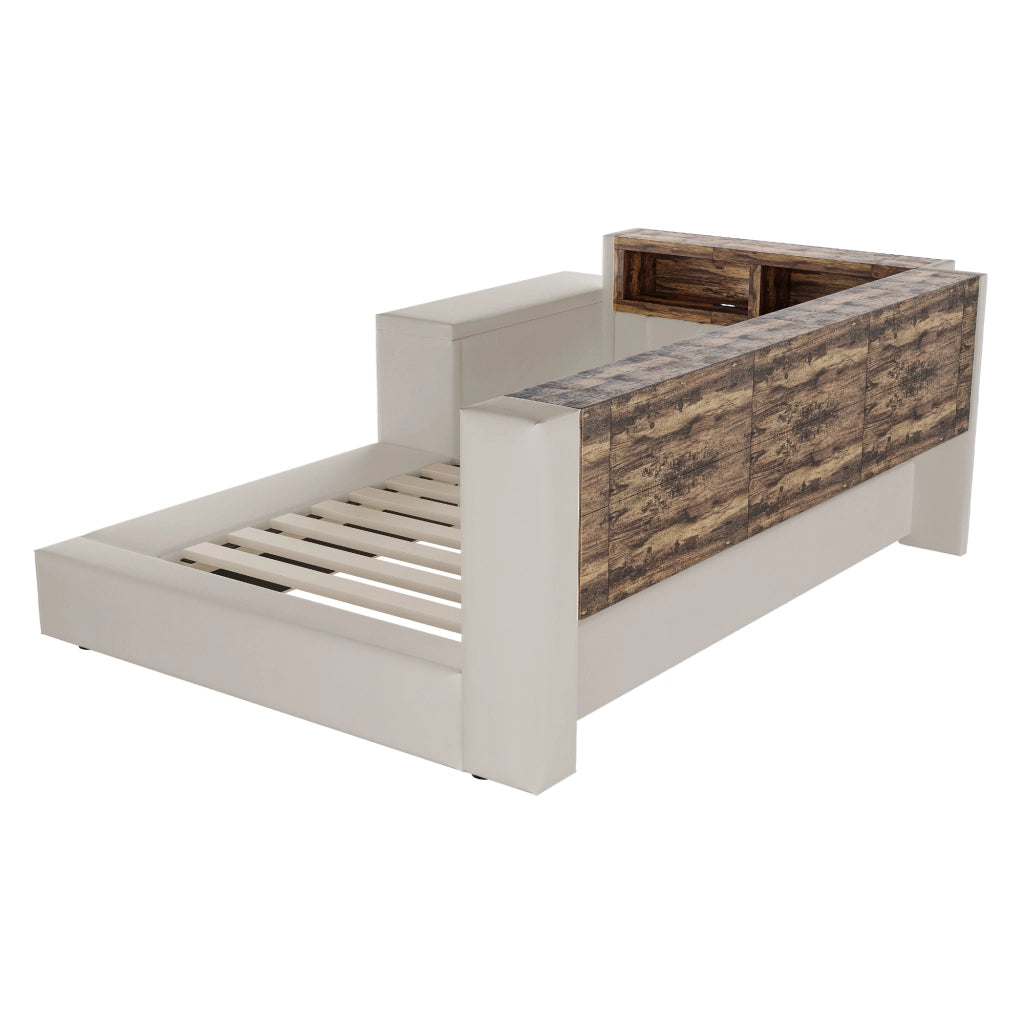 Letto imbottito 90 x 200 cm con testiera imbottita, vani contenitore integrati, LED, prese e comodino laterale, grigio chiaro