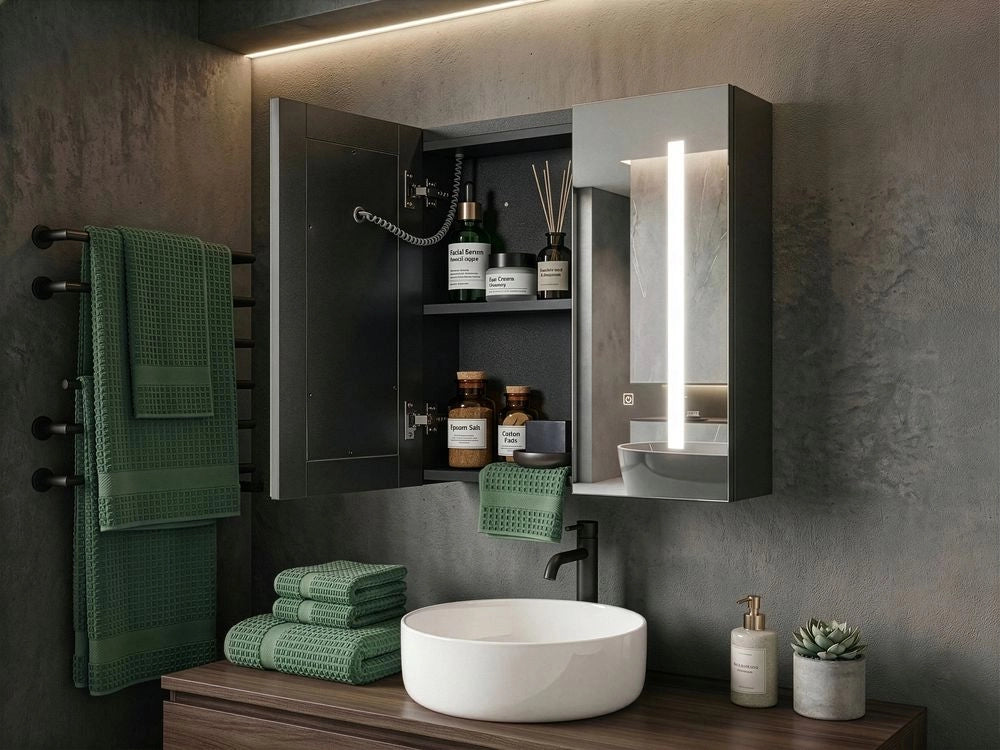 Armadietto da bagno con 2 Ante e specchio con luci LED 60 x 60 cm Armadio pensile stile moderno classico