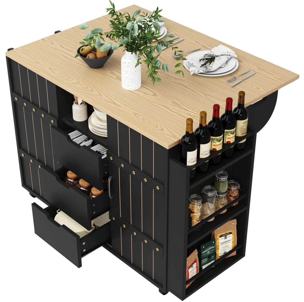 Isola da cucina 110x42x90 cm con piano ribaltabile e ante scorrevoli in MDF nera