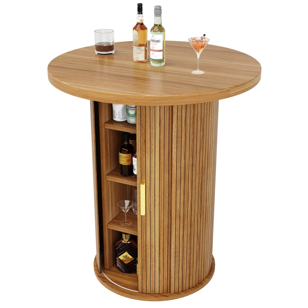 Tavolo bar rotondo con mobile contenitore 60x60x91,6 cm in MDF effetto legno e metallo