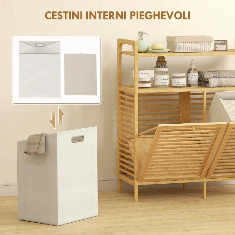 MOBILE PORTABIANCHERIA CON 2 CESTI DA 41L E 2 RIPIANI, IN BAMBÙ E POLIESTERE, 82X33X88 CM, COLOR LEGNO E CREMA