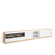 Mobile TV Soggiorno, 310x50x37 cm, Per TV fino a 80", Camino elettrico, Bianco e Rovere soft