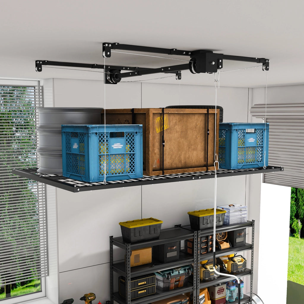Scaffale da soffitto con sistema a manovella e bloccaggio manuale per garage in acciaio nero 120×240 cm