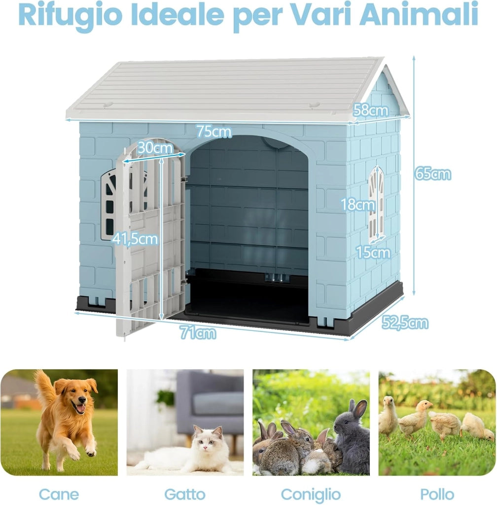 Cuccia per Cani da Esterno ed Interno, Casetta per Cani con Porta Bloccabile, 3 Finestre e Tetto Inclinato, Cucce in Plastica Impermeabile per Cagnolini Piccoli, 75 x 58 x 65 cm (Blu)