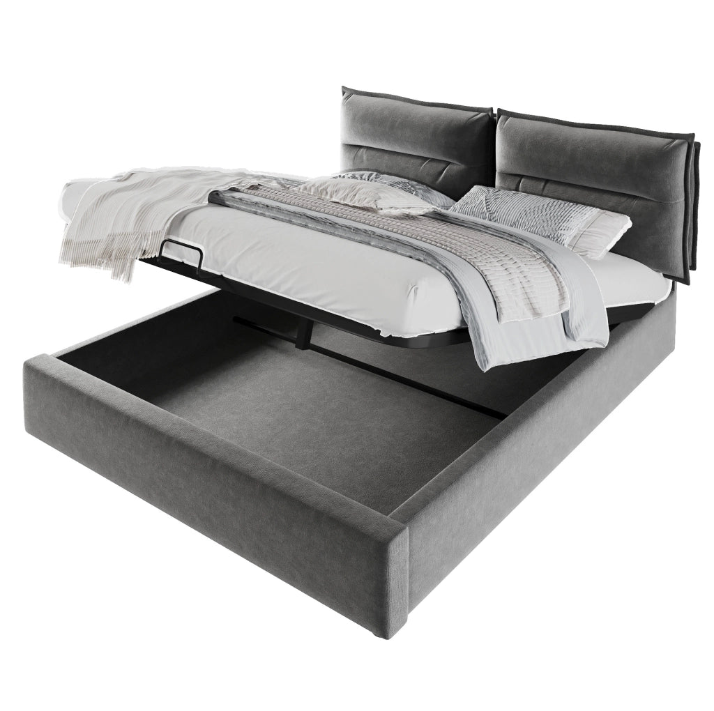 Letto matrimoniale imbottito con contenitore 140x200 cm in velluto grigio; testiera regolabile