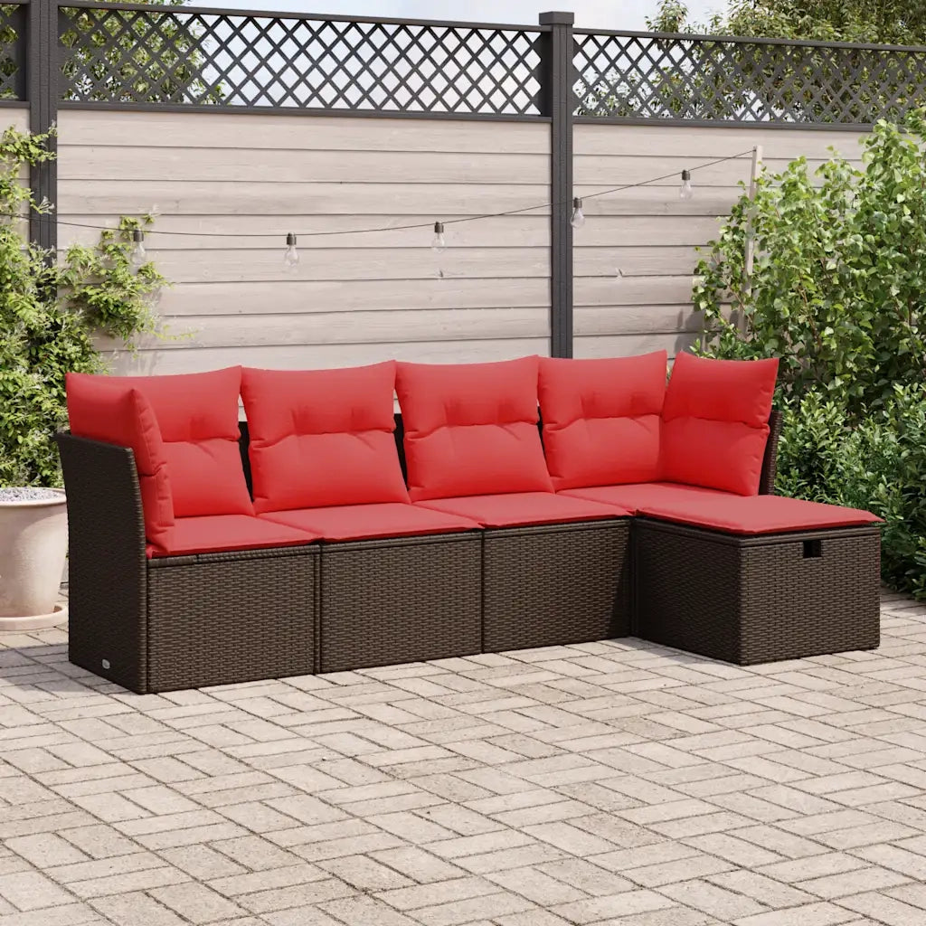 Set Divano da Giardino 5 pz | Set Salotto da Giardino con Cuscini Marrone in Polyrattan