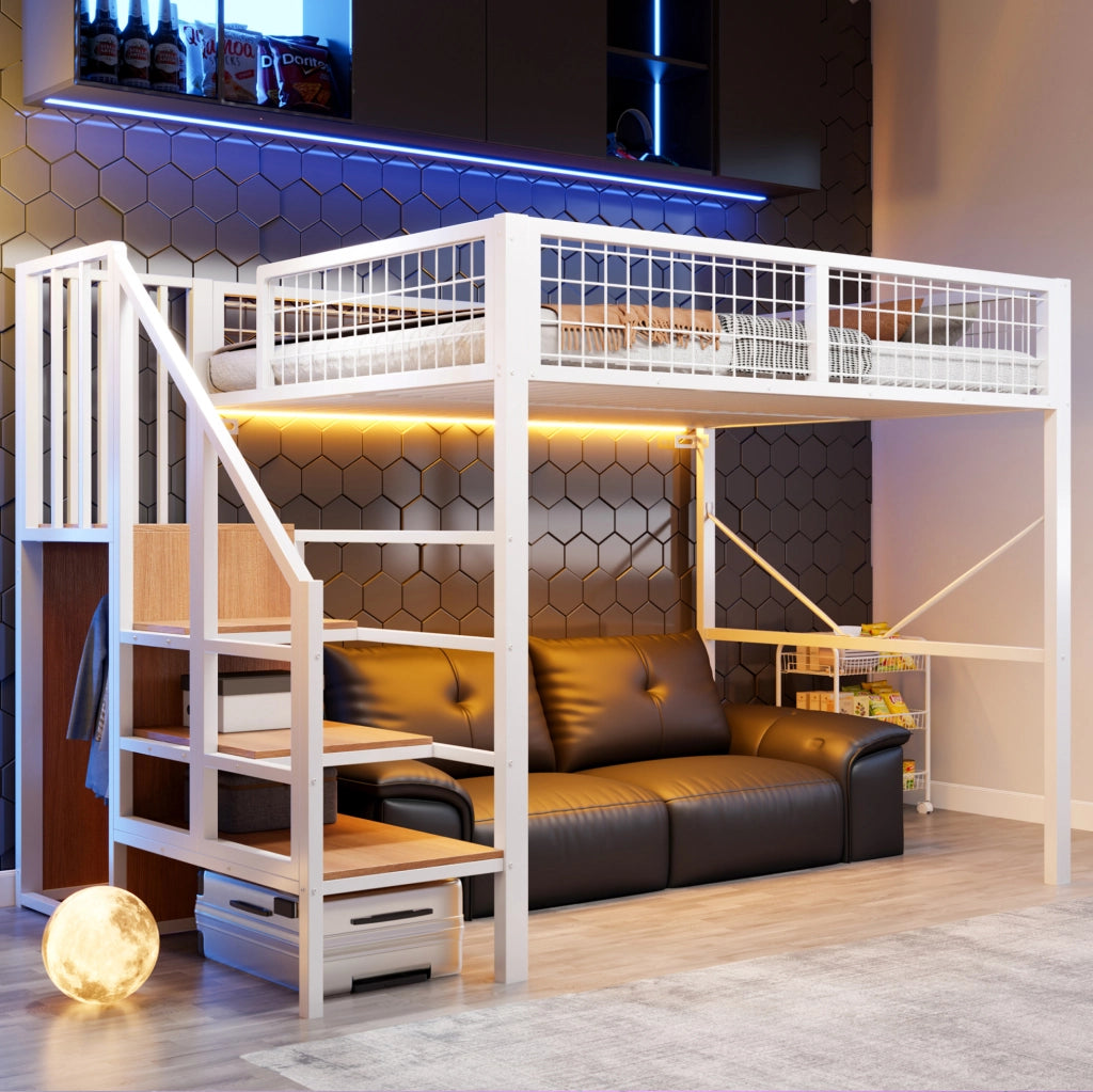 Letto a soppalco 140x200 cm con scala contenitore; LED e sponda in metallo; bianco