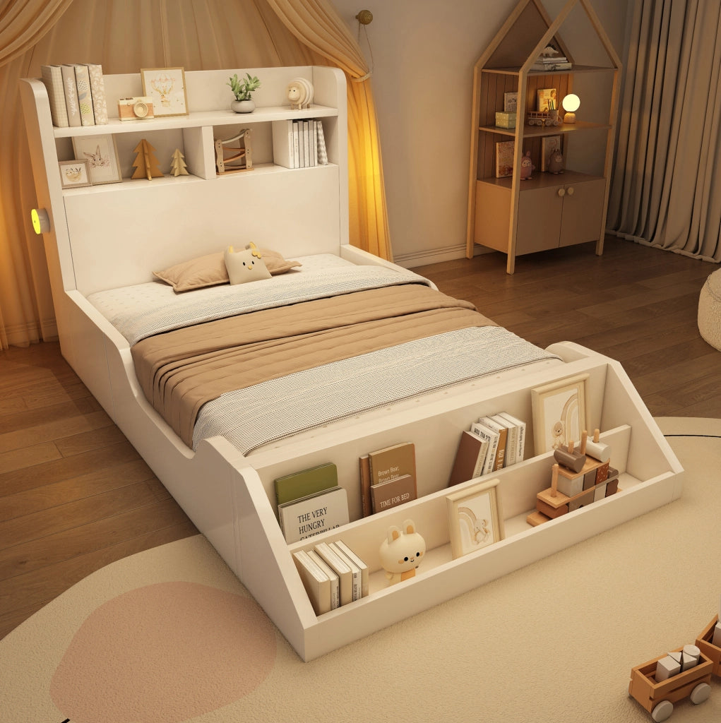 Letto singolo 90x200 cm in legno bianco con luci notturne e libreria