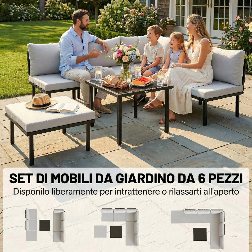 Set Giardino Angolare 6 Posti con Cuscini ¨C Zephmum ¨C Grigio Chiaro Metallo