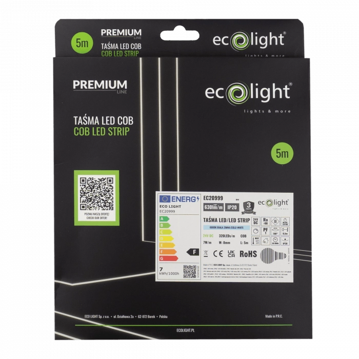 Striscia LED COB 320/m 7W 4000K 24V IP20 5m dimmerabile Ecolight