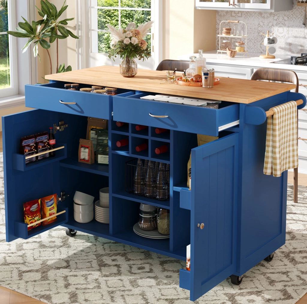 Isola cucina 102x45x92 cm con ruote bloccabili e spazio laterale; MDF e metallo; blu
