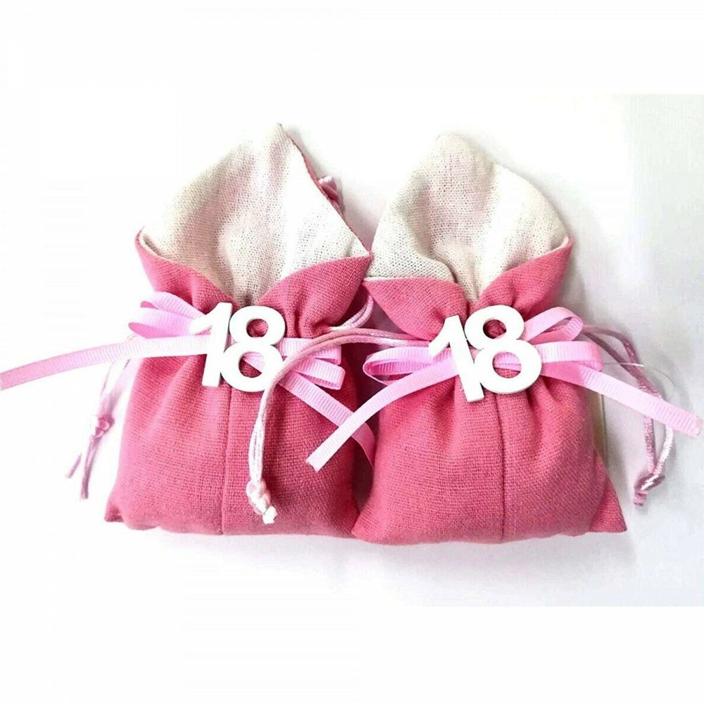 Trade Shop - Set 12pz Sacchetto Colorato Numero 18 Anni Juta 10x13cm Bomboniera Portaconfetti - Rosa