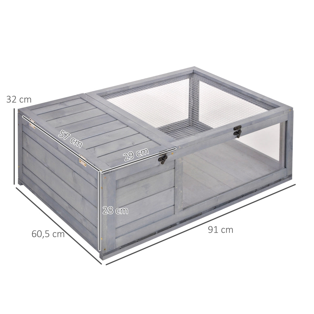 Casetta per Tartarughe Legno Grigio con Tetto a Maglie e Pannelli Laterali Trasparenti Estraibili ¨C zephmum ¨C 91x60.5x32 cm