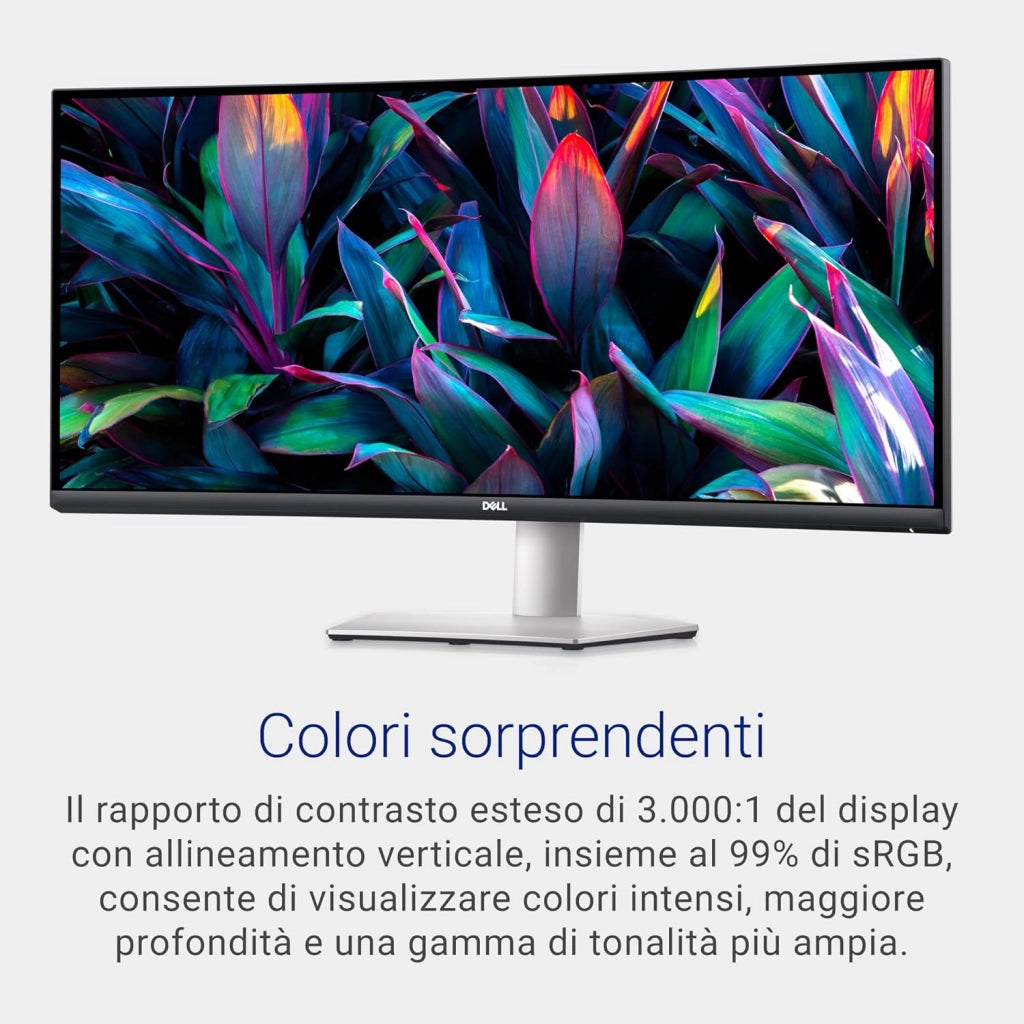 S3423DWC USB-C 34" WQHD (3440x1440) 21:9 1800R Monitor Curvo, 100Hz, VA, 4ms, AMD FreeSync, 99% sRGB, Altoparlanti integrati, USB-C, 2x HDMI, Anni di Garanzia