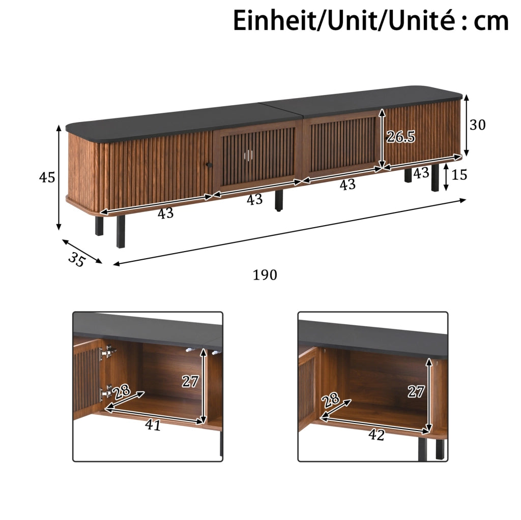 Mobile TV in MDF e PB noce, 190x35x45 cm con porte scorrevoli e rete per ricircolo aria