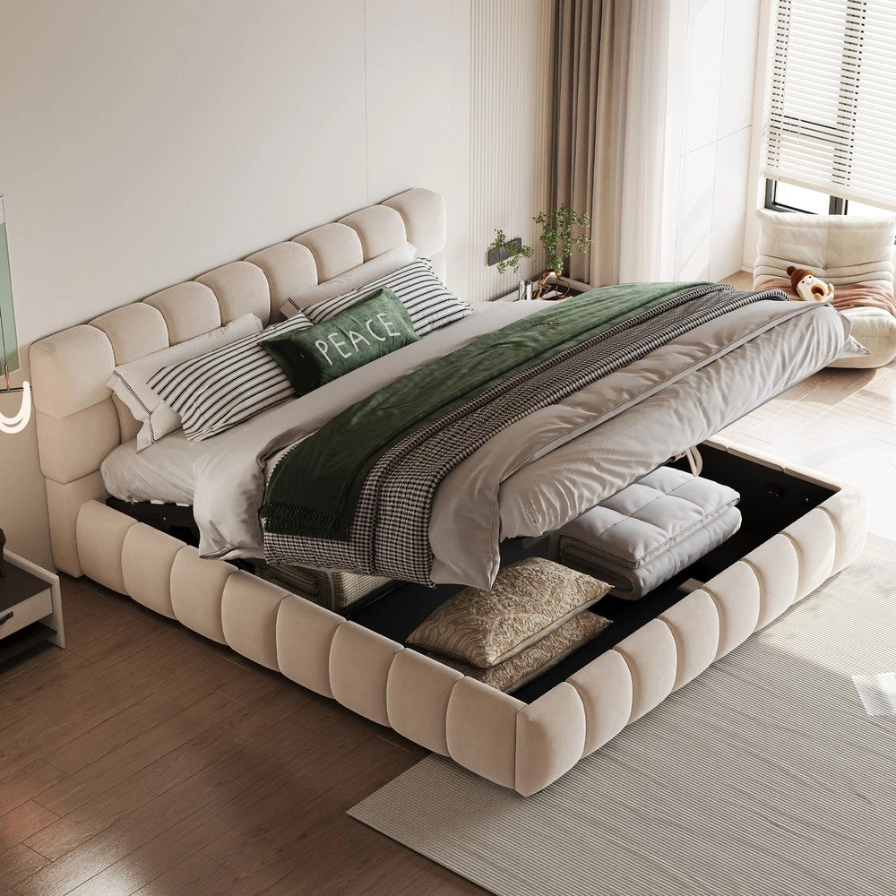 Letto Matrimoniale Imbottito Contenitore ¨C MINIMAL ¨C Velluto Beige 140x190 cm Idraulico