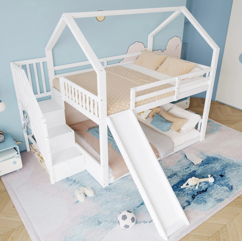 Letto a castello con scala contenitore e scivolo, casa letto bianco