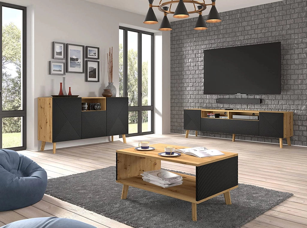 MOBILE CASSETTIERA SOGGIORNO LUXI 195x42x80cm ROVERE NERO OPACO