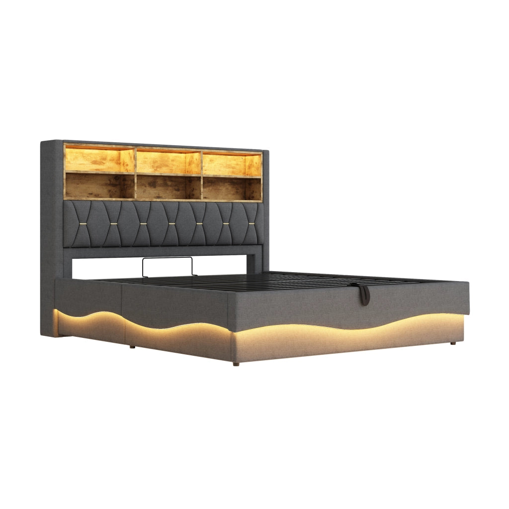 Letto imbottito 180x200 cm con contenitore; LED e USB in lino e ferro grigio