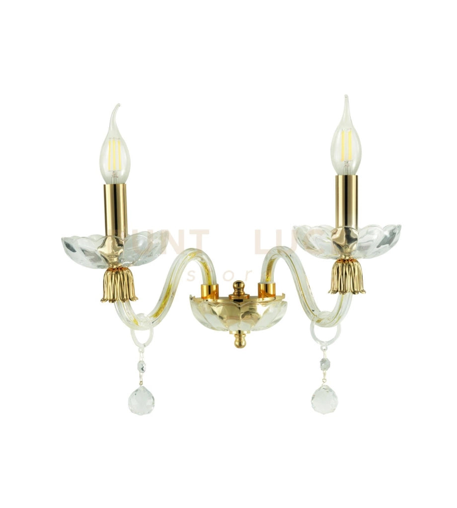 APPLIQUE ROXANNE 2 LUCI ATTACCO E14 L.30CM  H.22CM CRISTALLO E ORO