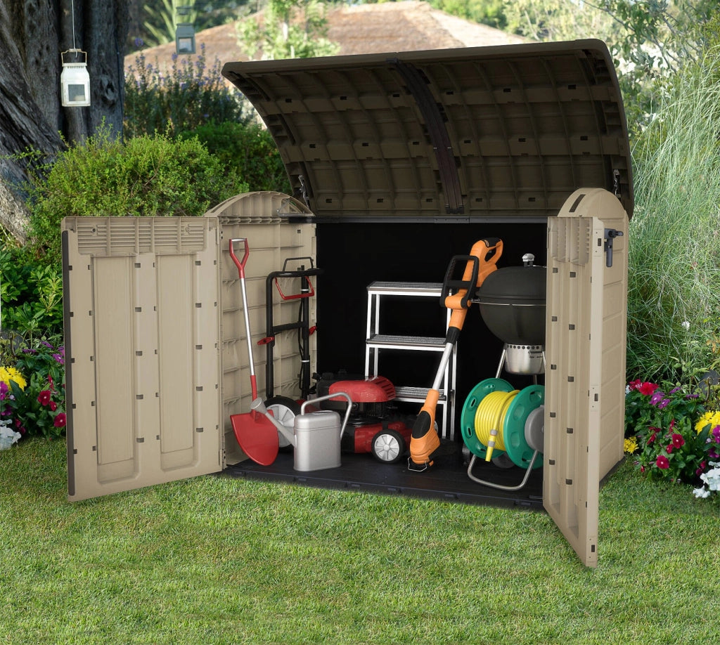 Armadio da esterno Hinton, Mobile outdoor, Mobiletto giardino multiuso, Contenitore per balcone o garage, 177x113 h134 cm, Beige