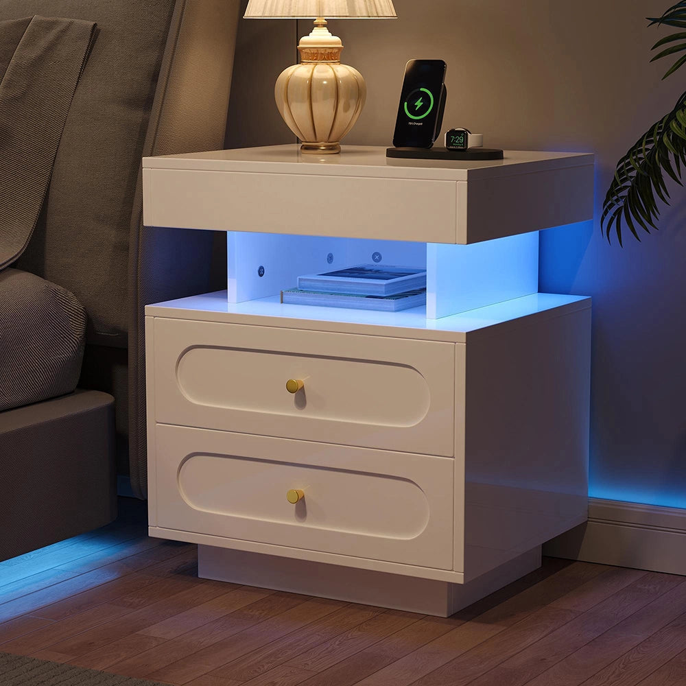Comodino con Luci LED 50x40x60cm - Xylo - 2 Cassetti, 1 Ripiano Aperto, Bianco