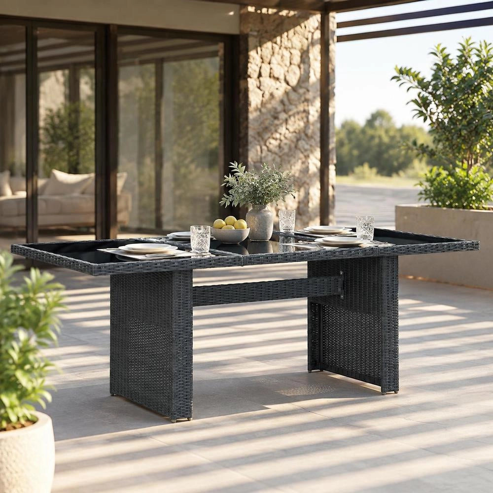 Garden Table Dark Grey Poly Rattan And Tempered Glass