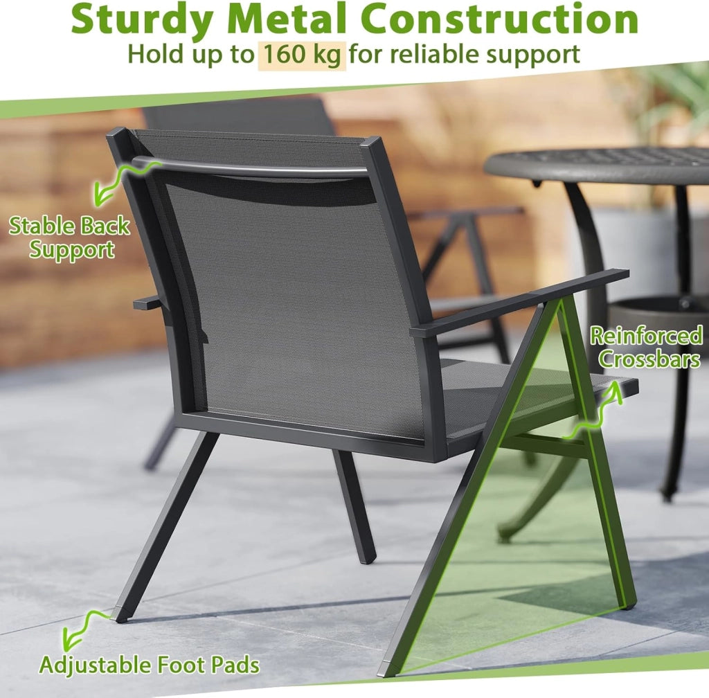 Set di 2 Sedie da Esterno, Sedie con Struttura in Metallo e Tessuto Traspirante, Schienale Reclinabile, Braccioli e Piedini Regolabili, Poltrone per Patio, Giardino, Terrazza