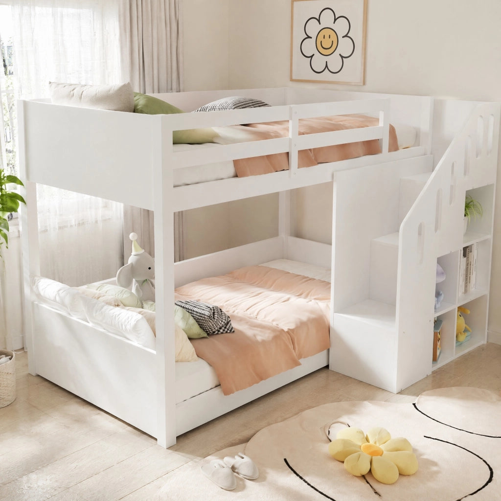 Letto a castello multifunzionale con scala contenitore e sponde, 90x200 cm, bianco, senza materasso