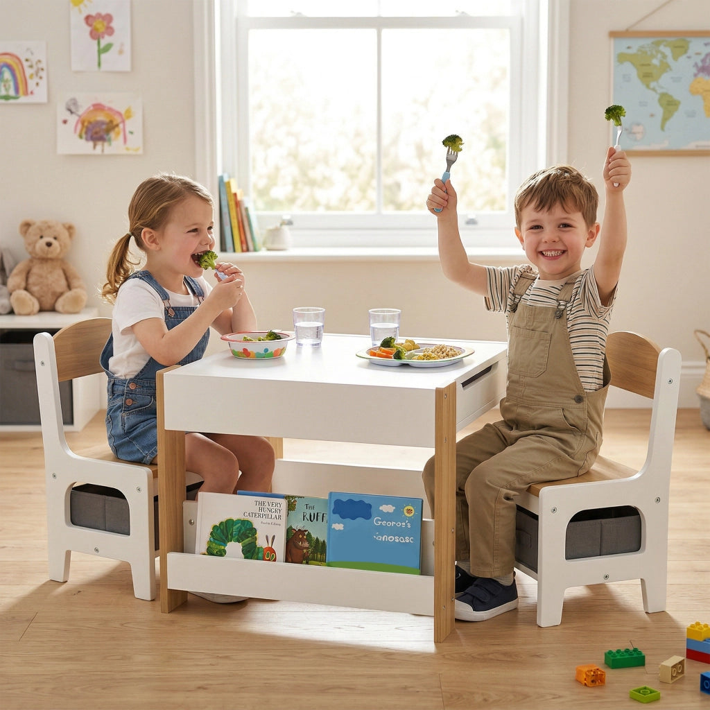 Tavolo per bambini con 2 sedie e piano reversibile ¨C Zephmum ¨C Grigio, Legno, 90x60x70 cm
