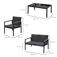 Set 4 Pezzi Salotto da Esterni con 2 Sedie, Divano e Tavolino Mobili da Giardino in Rattan e Acciaio Nero