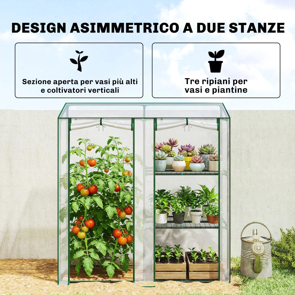 Serra Verticale a 2 Sezioni con 3 Ripiani, in Plastica e Acciaio, 143x45x151 cm, Verde Scuro e Trasparente