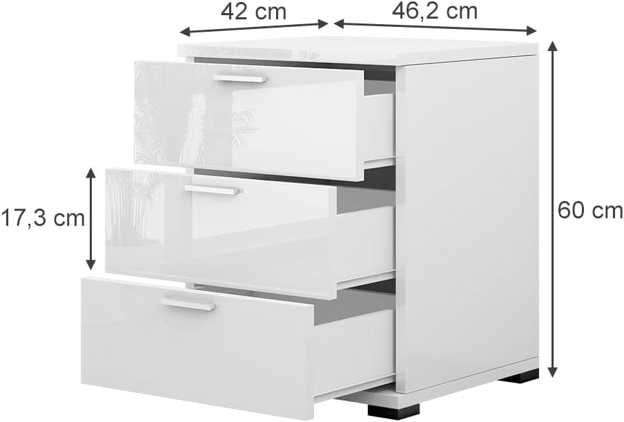 Comodino camera da letto Marseille, Bianco lucido, 46.2 x 60 cm, adatto per riporre oggetti di uso quotidiano e lampade