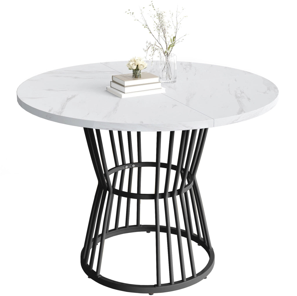 Tavolo da pranzo rotondo 100x75 cm con effetto marmo in MDF e metallo nero