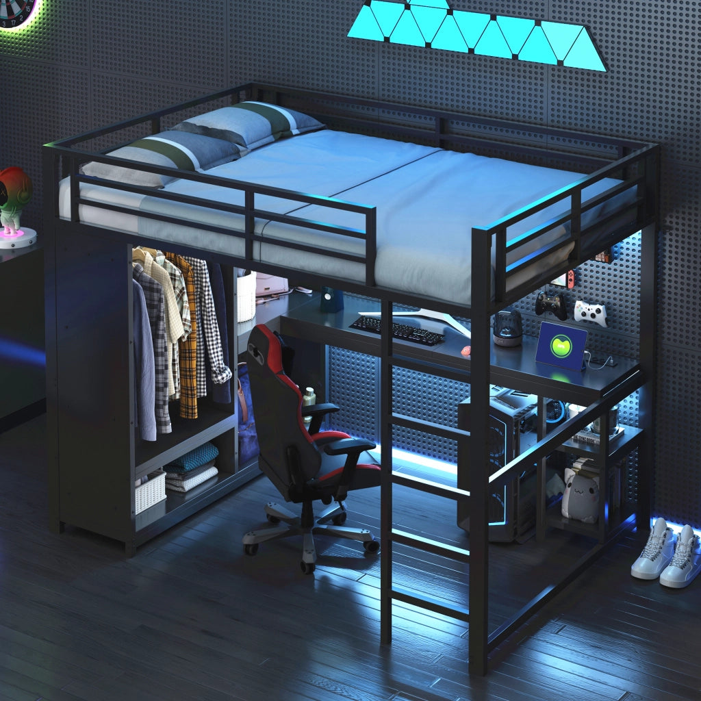 Letto a Soppalco 140 × 200 cm; 2 Posti con Scrivania; LED e Armadio Aperto; senza Materasso; Nero
