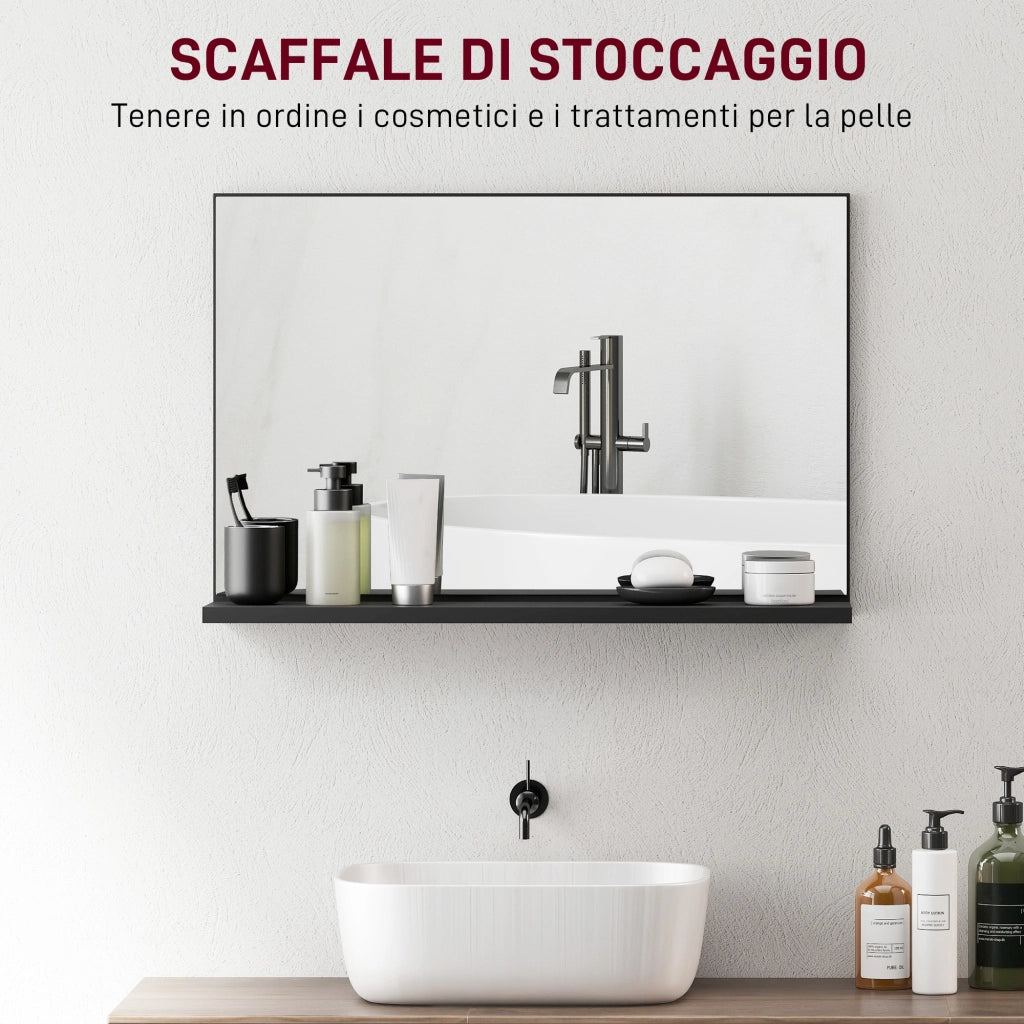 Specchio Bagno da Parete con Mensola Design Moderno e Multiuso, 60x12x40 cm, Nero