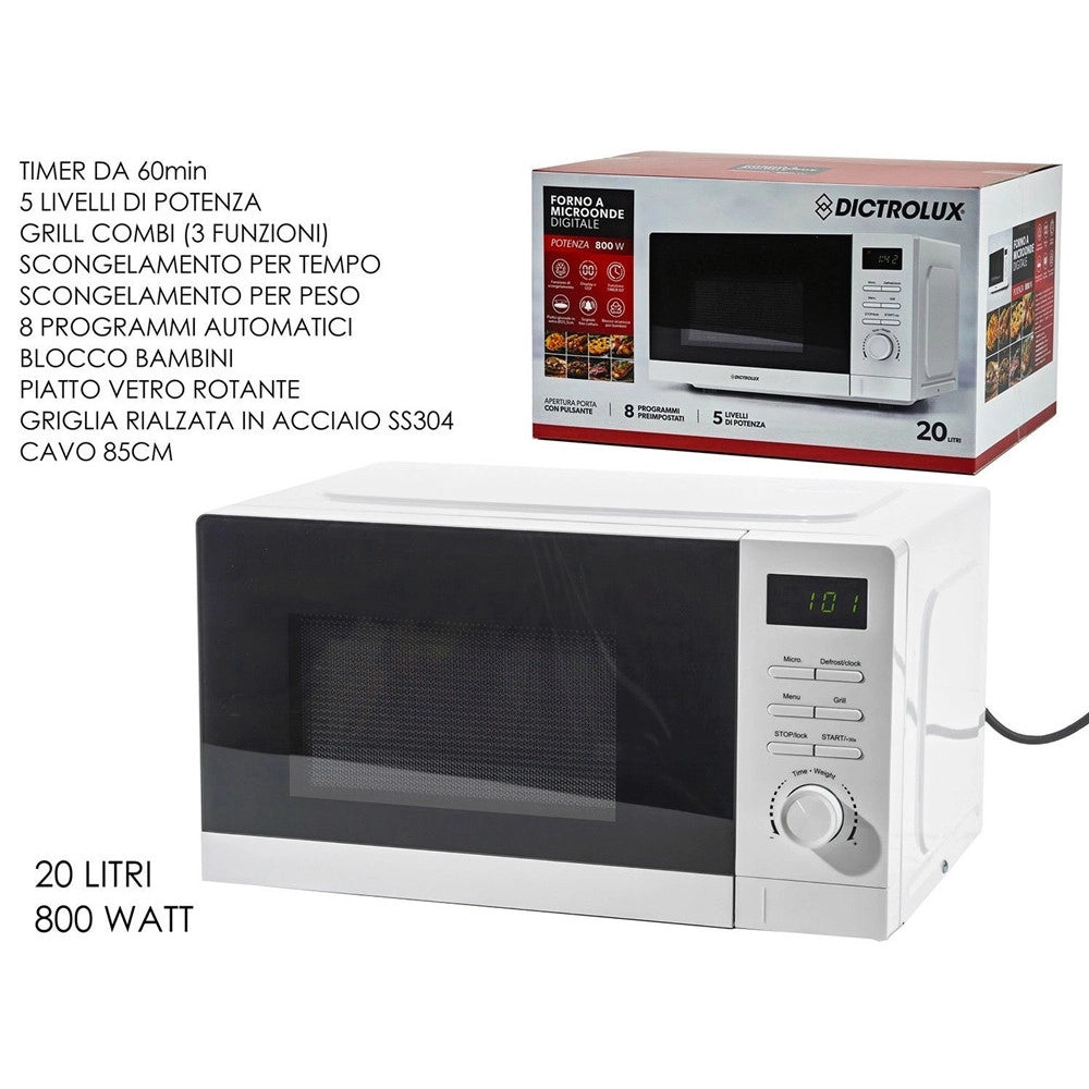 Trade Shop - Forno A Microonde Digitale Bianco 20lt 800w 5 Livelli Potenza 8 Programmi Blocco Bambini -